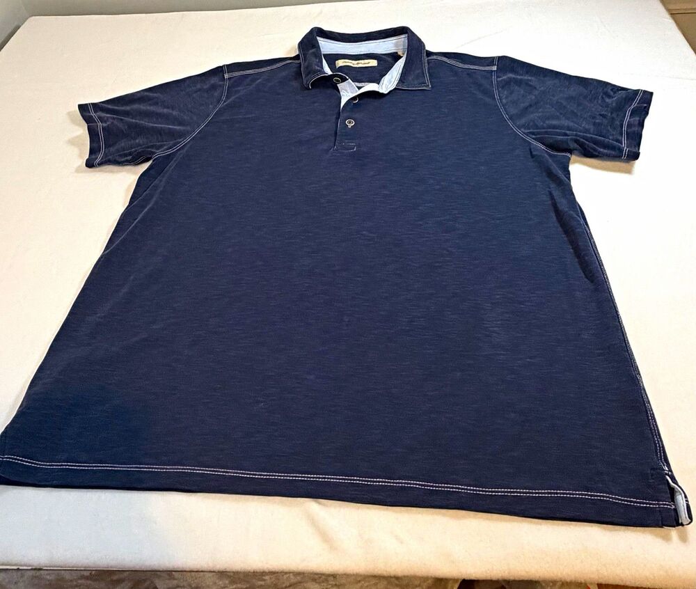 Tommy Bahama Men's XL Blue Solid Short Sleeve Collared Knit Polo Logo Trim
